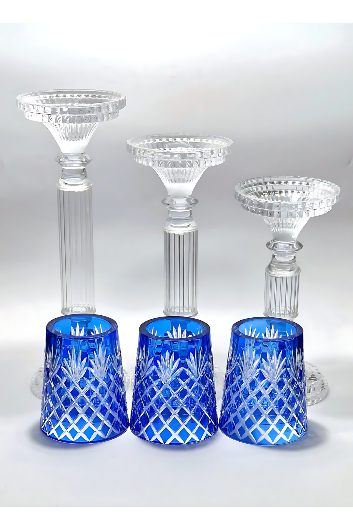 El Yapımı Kristal Dekoratif Desenli Şeffaf Lüks Mumluk Şamdan Set 3'lü