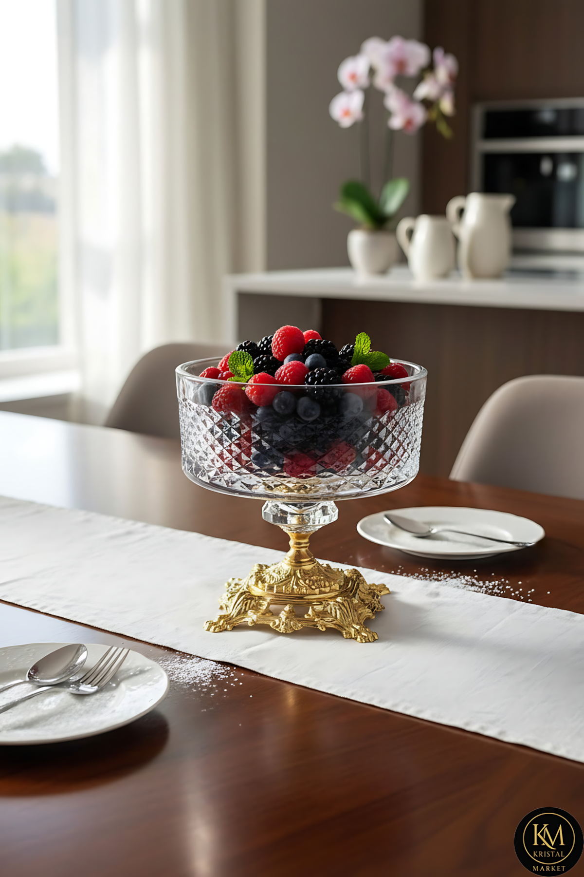 El Yapımı Kristal Dekoratif Karizma Desenli 25-19-16 Cm Sunumluk Ayaklı Kase Set 3'lü