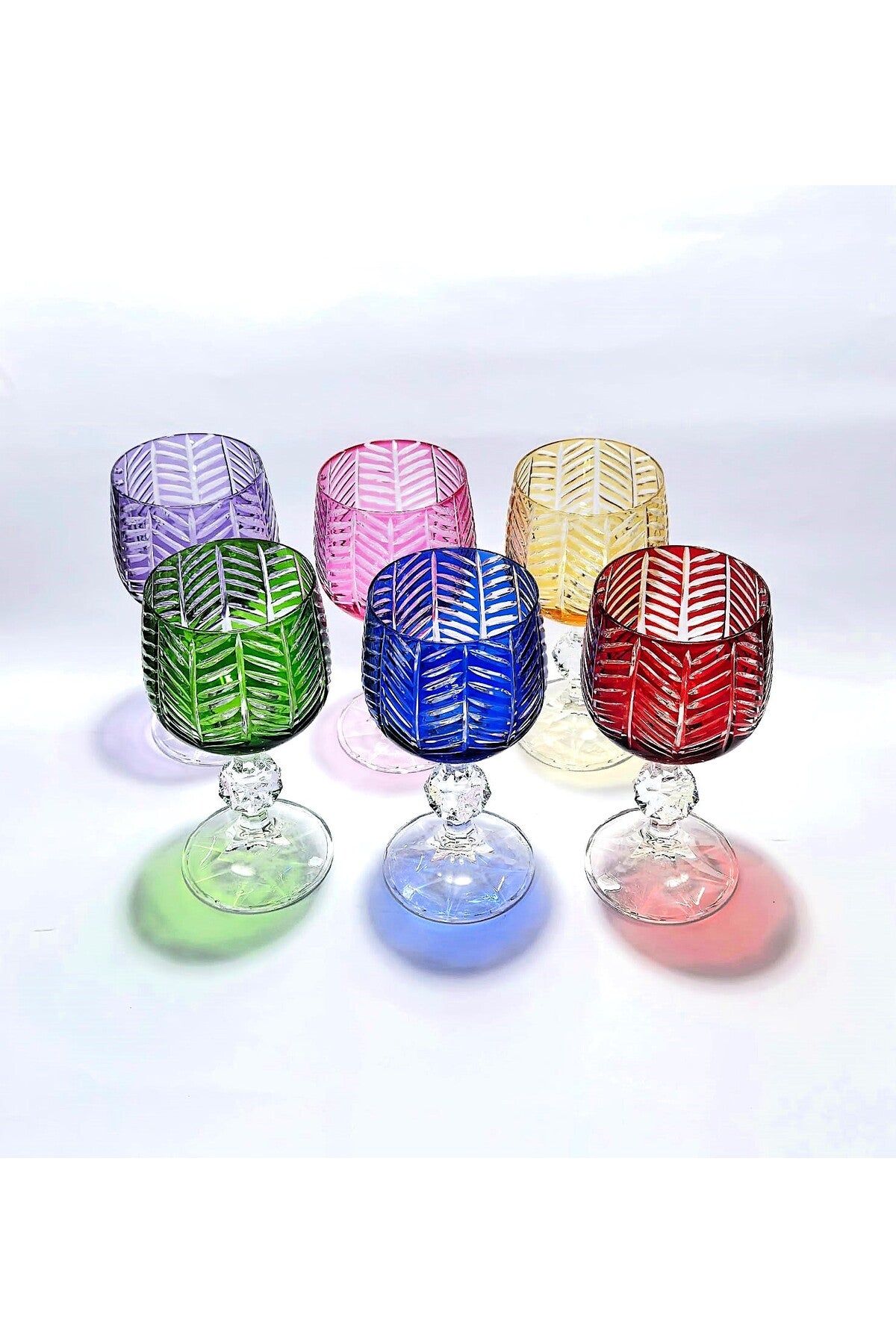 El Yapımı Kristal Dekoratif Bohemia Herringbone Desenli Renk Ayaklı Lüks Kahve Yanı Su Bardağı Set 6'lı