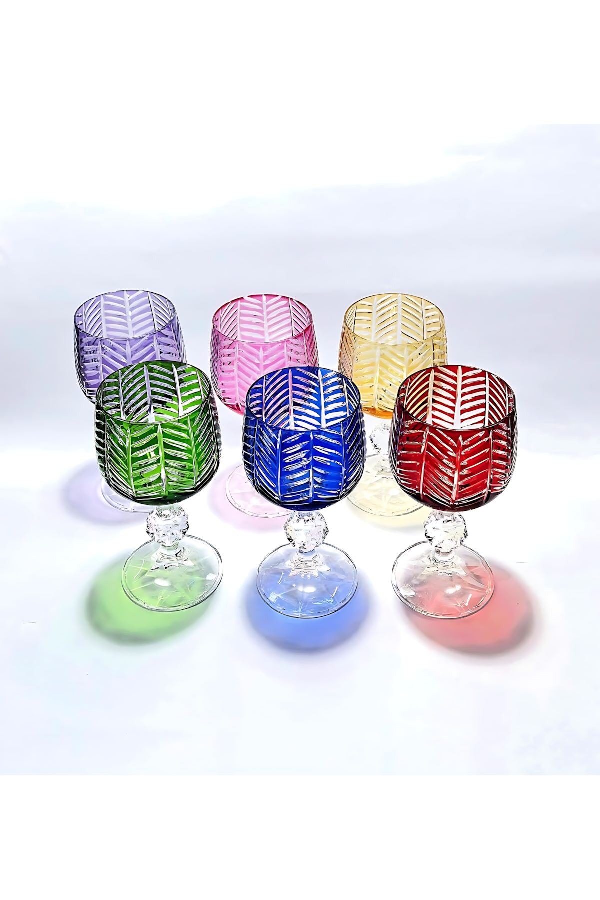 El Yapımı Kristal Dekoratif Bohemia Herringbone Desenli Renk Ayaklı Lüks Kahve Yanı Su Bardağı Set 6'lı