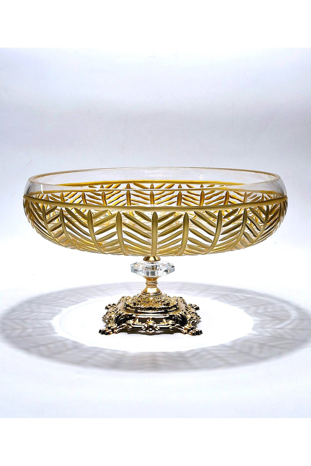 El Yapımı Kristal Dekoratif 28cm Kesme Kristal Gold Ayaklı Cam Kase Milas Gold Desen