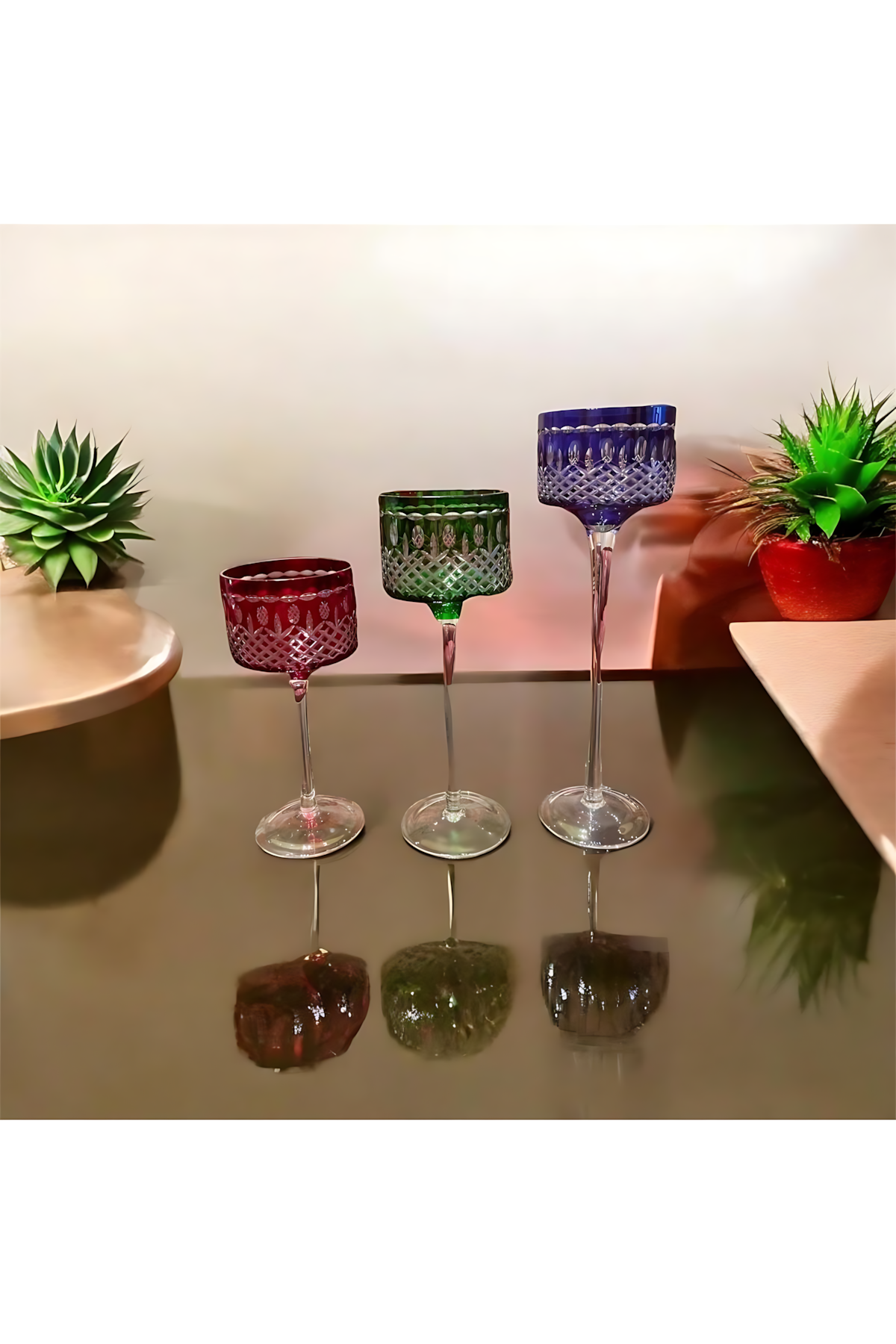 El Yapımı Kristal Dekoratif 3’lü Kristal Renkli Mumluk
