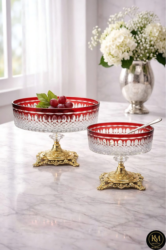 El Yapımı Kristal Dekoratif Royal Desen Lüks Ayaklı Meyvelik Sunumluk 25-19cm