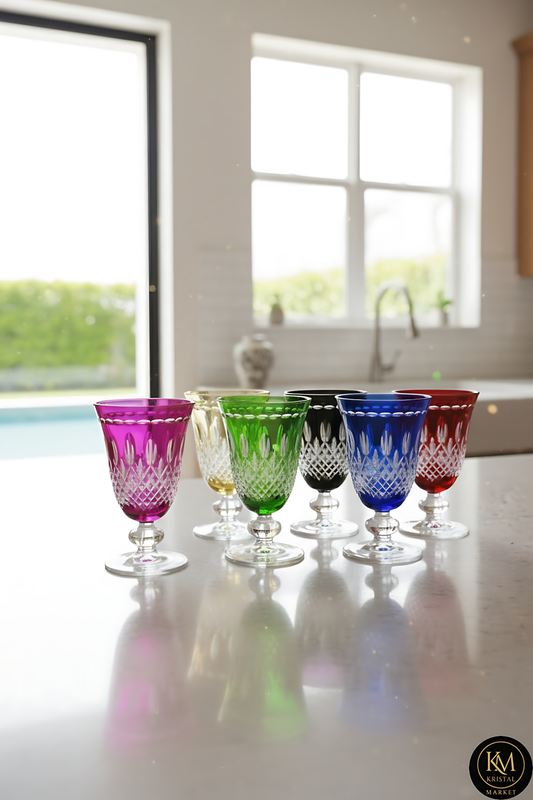 El Yapımı Kristal Dekoratif 6 Parça Royal Renk Lüks Ayaklı Meşrubat 280ml Yemek Masası İçin Uygundur