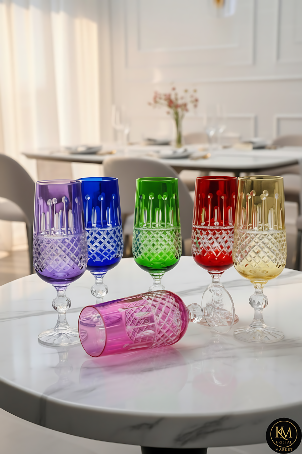 El Yapımı Kristal Dekoratif Işçiliği Kahve Yanı Su Bardağı Royal Flüt Bohemia 6'lı Set