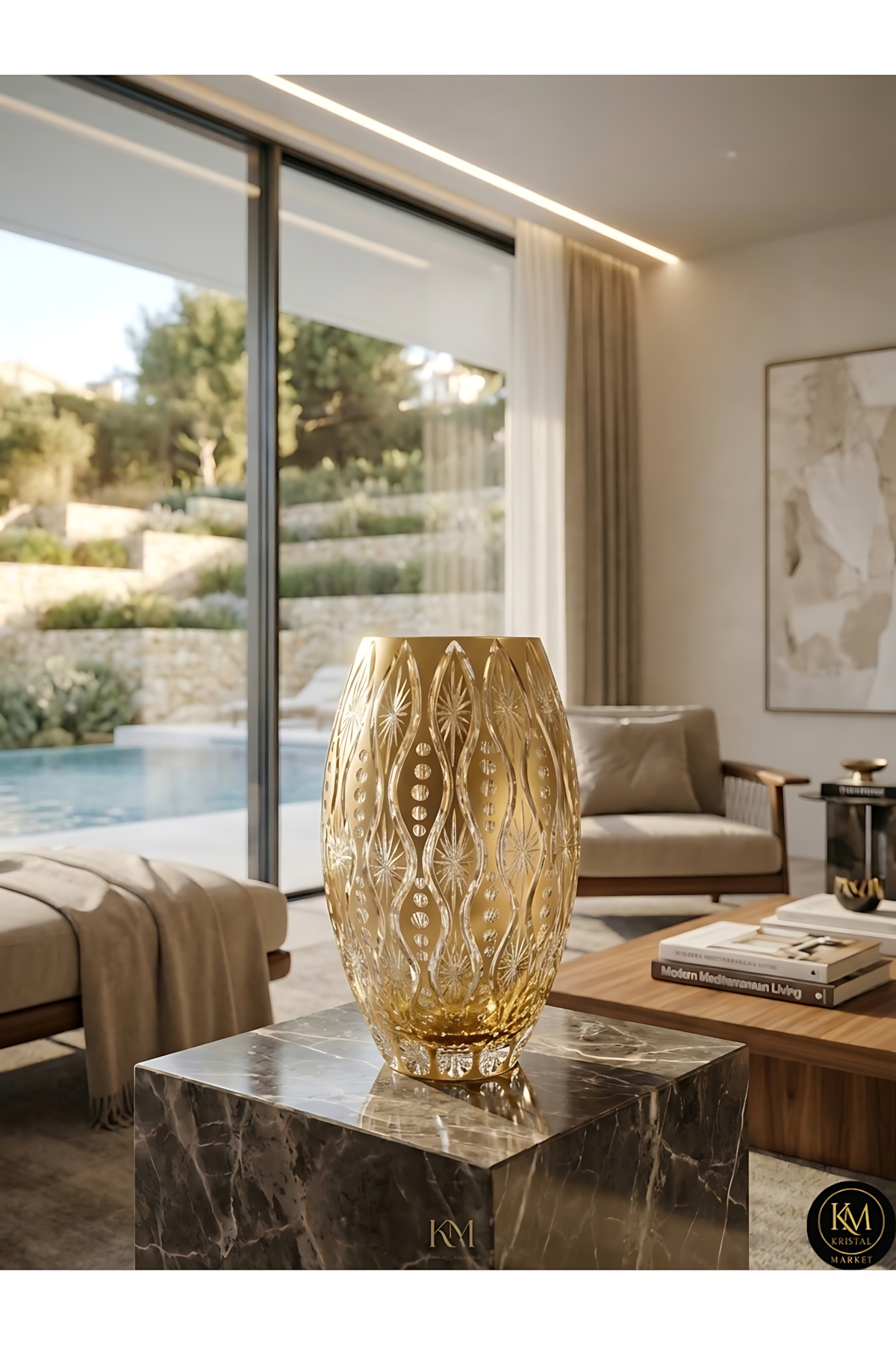 El Yapımı Kristal Dekoratif Afrodit Desen Vazo Gold Varaklı