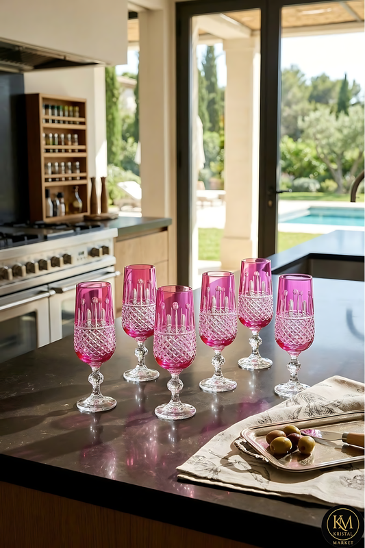 El Yapımı Kristal Dekoratif Işçiliği Kahve Yanı Su Bardağı Royal Flüt Bohemia 6'lı Set