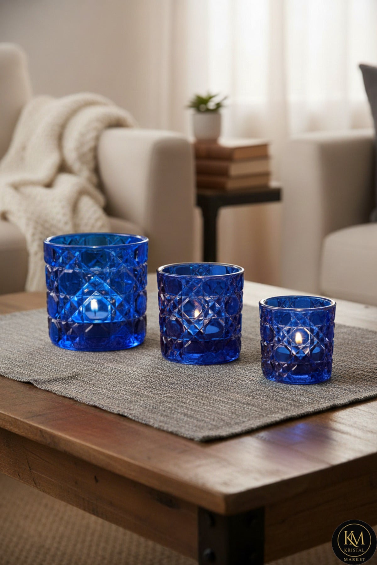El Yapımı Kristal Dekoratif Mumluk Takımı 3'lü Amber