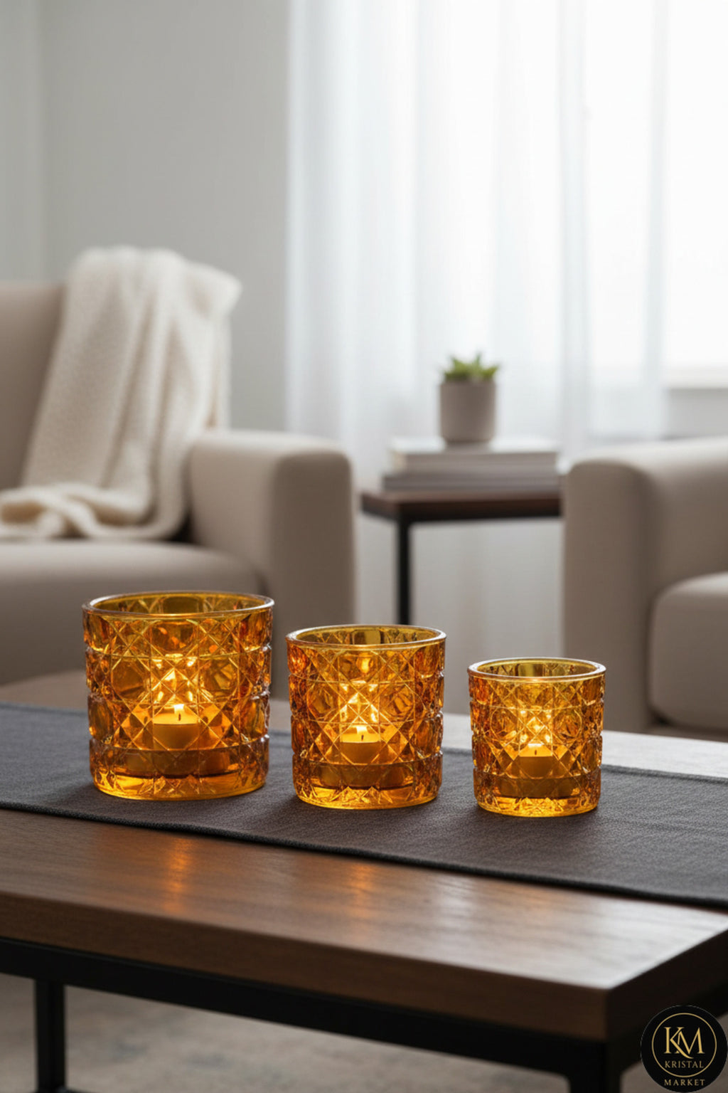 El Yapımı Kristal Dekoratif Mumluk Takımı 3'lü Amber