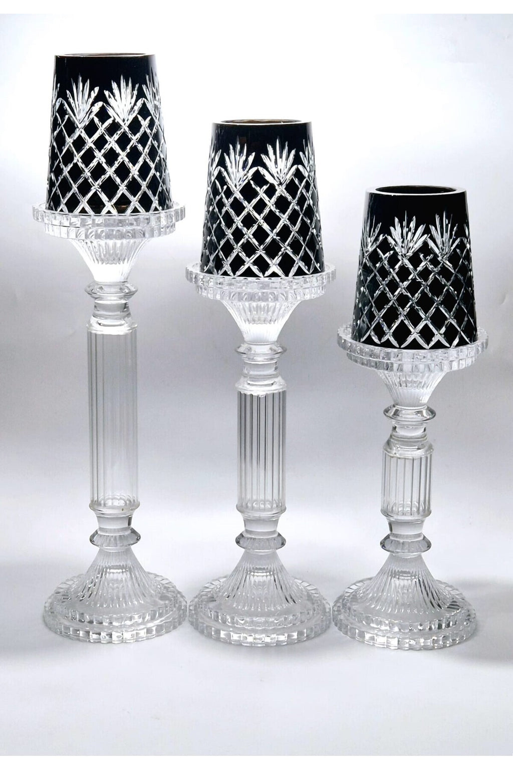 El Yapımı Kristal Dekoratif Desenli Şeffaf Lüks Mumluk Şamdan Set 3'lü