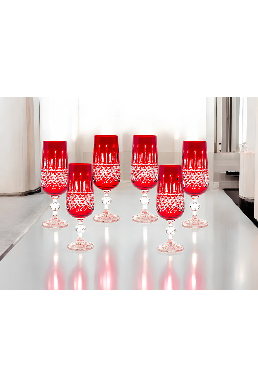 El Yapımı Kristal Dekoratif Işçiliği Kahve Yanı Su Bardağı Royal Flüt Bohemia 6'lı Set