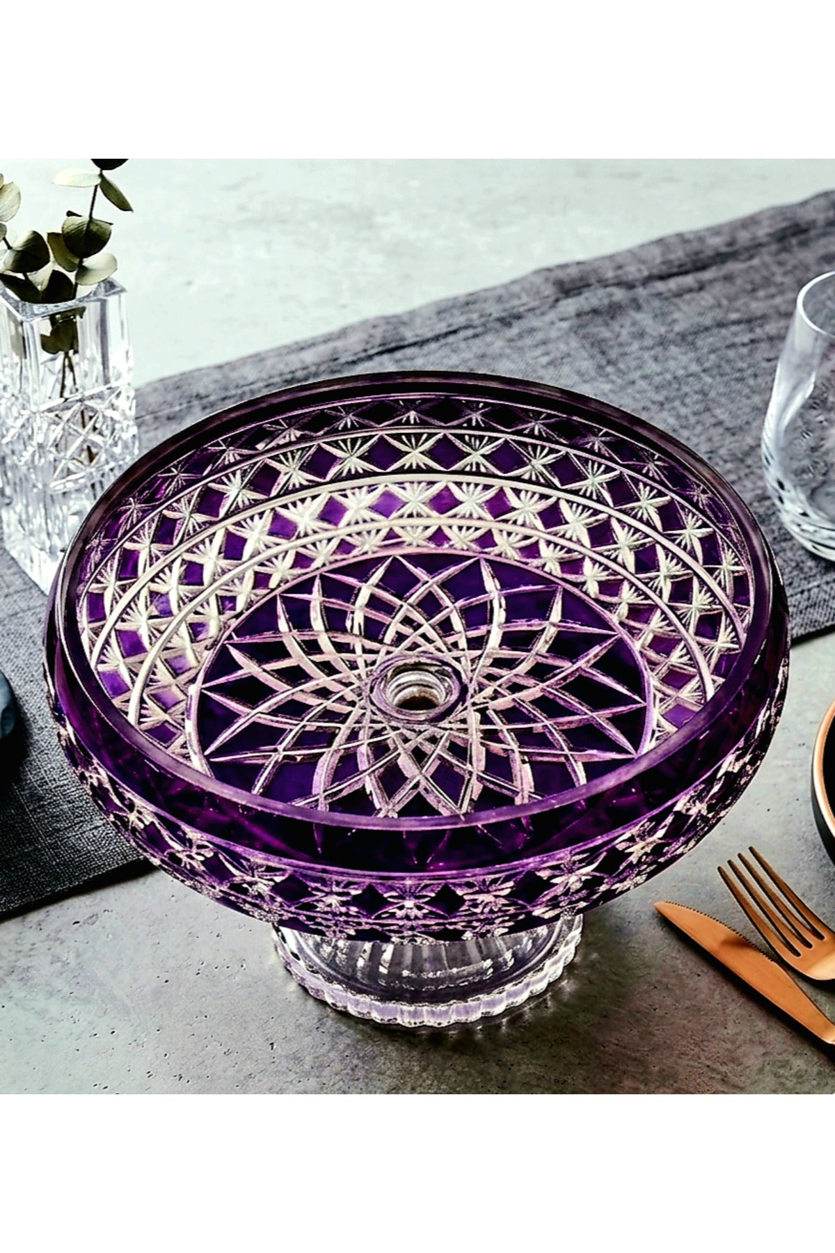 El Yapımı Kristal Dekoratif Desenli Ameteist 28cm Sofra Sunum Kasesi