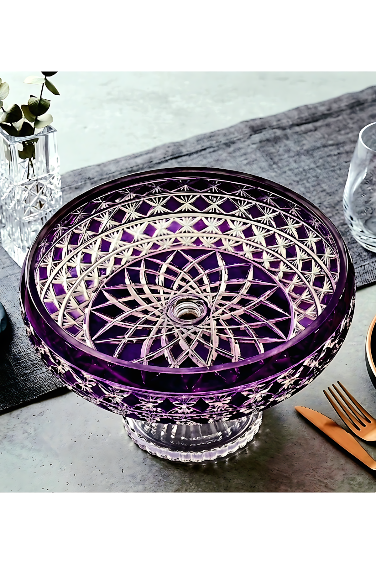 El Yapımı Kristal Dekoratif Desenli Ameteist 28cm Sofra Sunum Kasesi