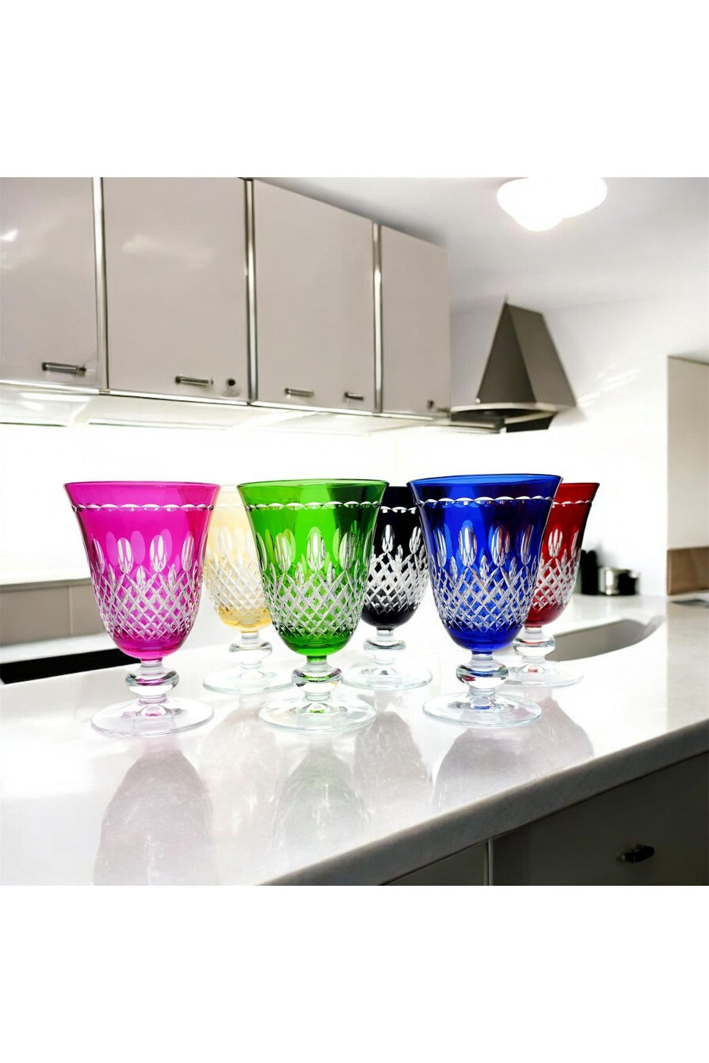 El Yapımı Kristal Dekoratif 6 Parça Royal Renk Lüks Ayaklı Meşrubat 280ml Yemek Masası İçin Uygundur