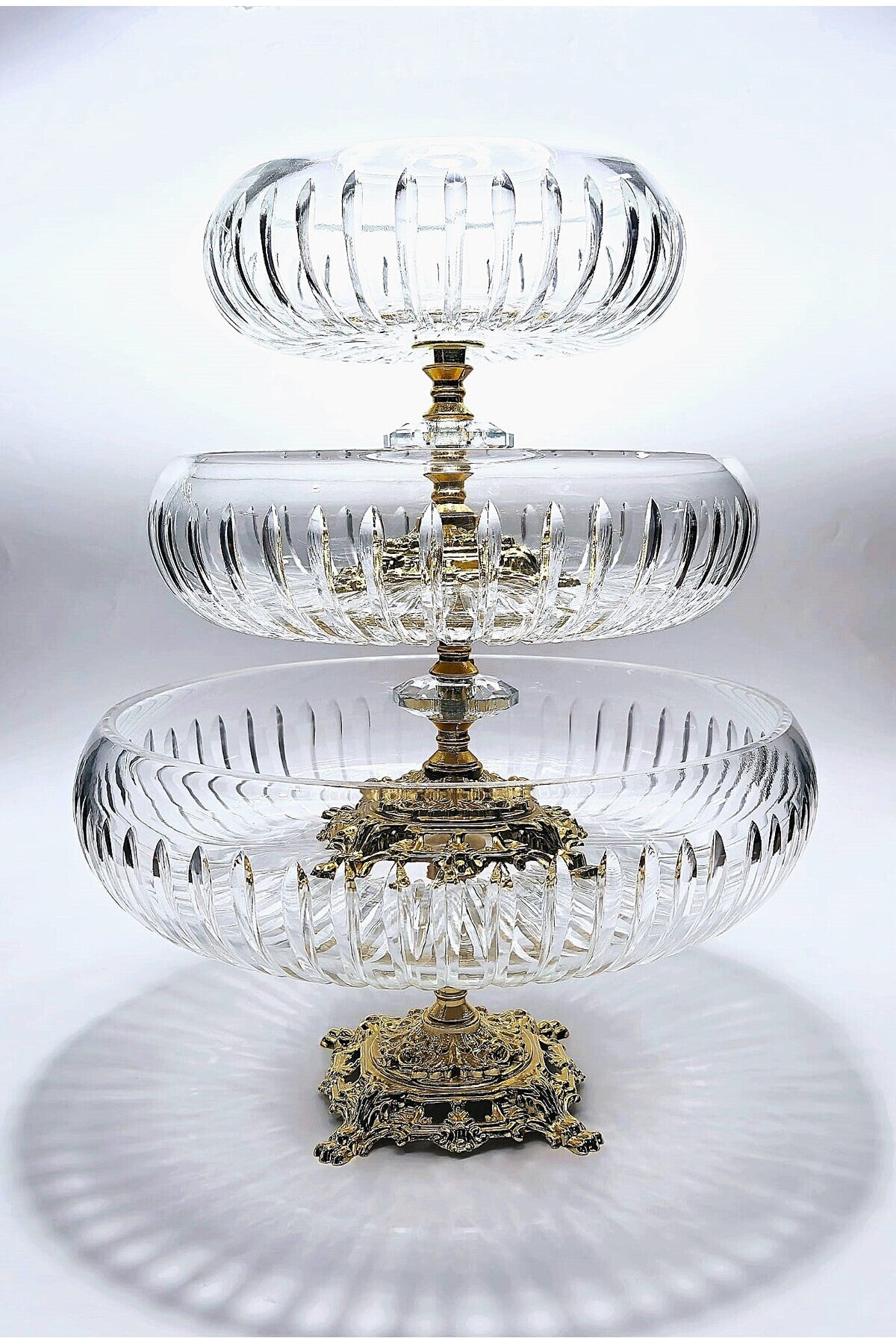 El Yapımı Kristal Dekoratif Vertical Desenli 28-22-16 Cm Sunumluk Ayaklı Kase Set 3'lü