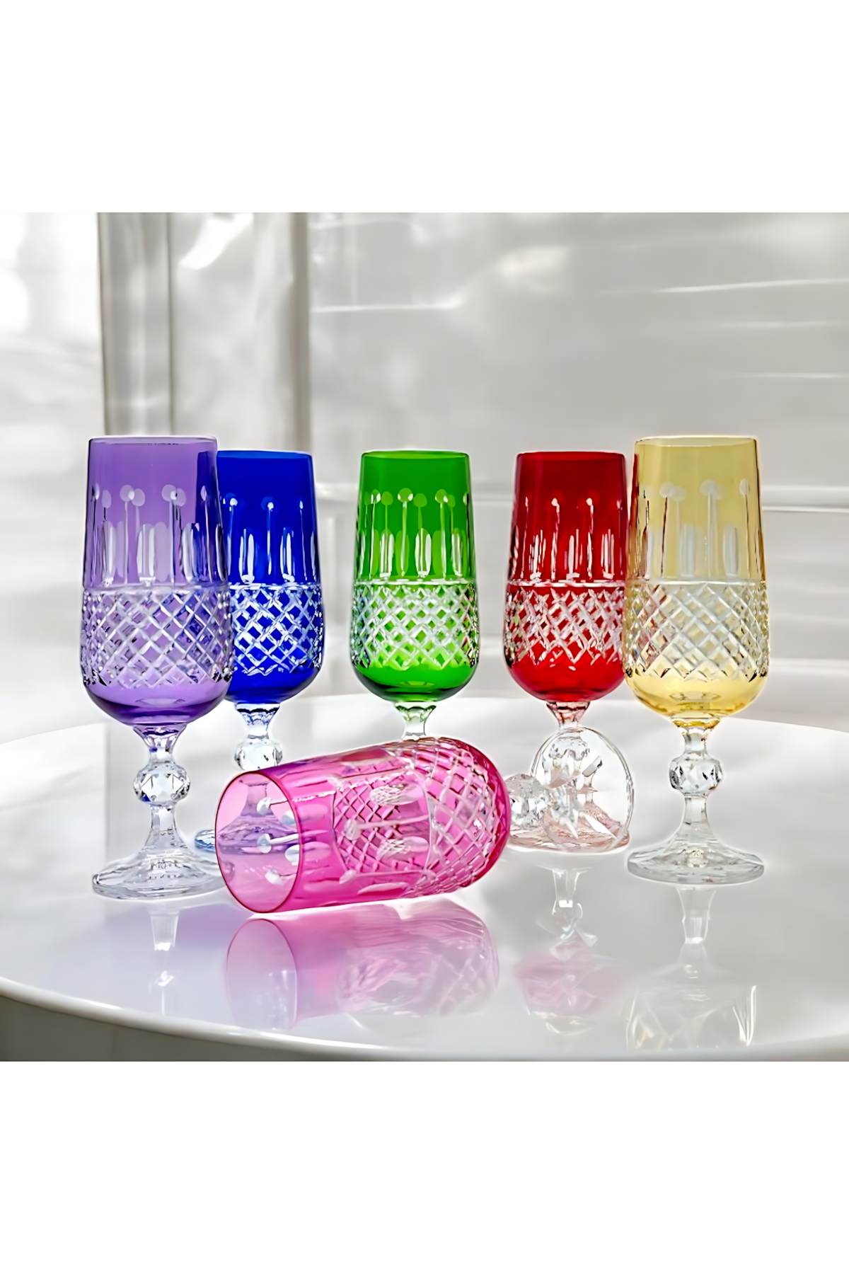 El Yapımı Kristal Dekoratif Işçiliği Kahve Yanı Su Bardağı Royal Flüt Bohemia 6'lı Set