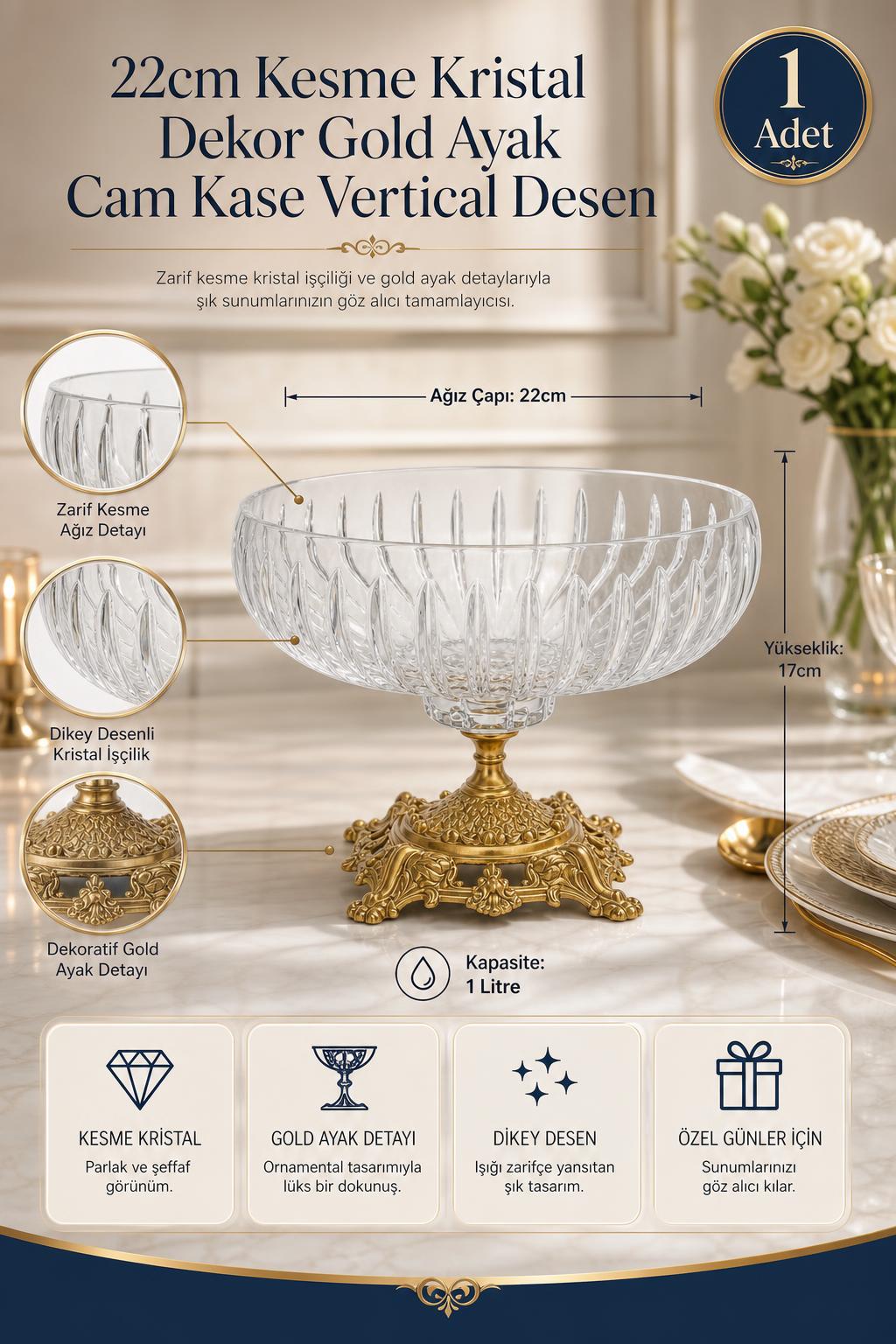 Gold Ayaklı Kesme Kristal Kase 22 cm - Vertical Desen, 1 Adet