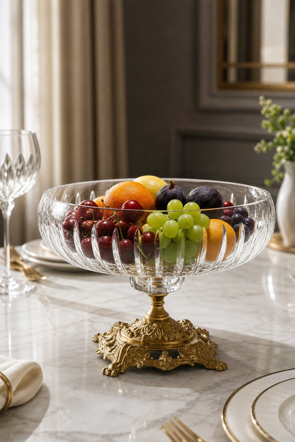 Gold Ayaklı Kesme Kristal Kase 22 cm - Vertical Desen, 1 Adet