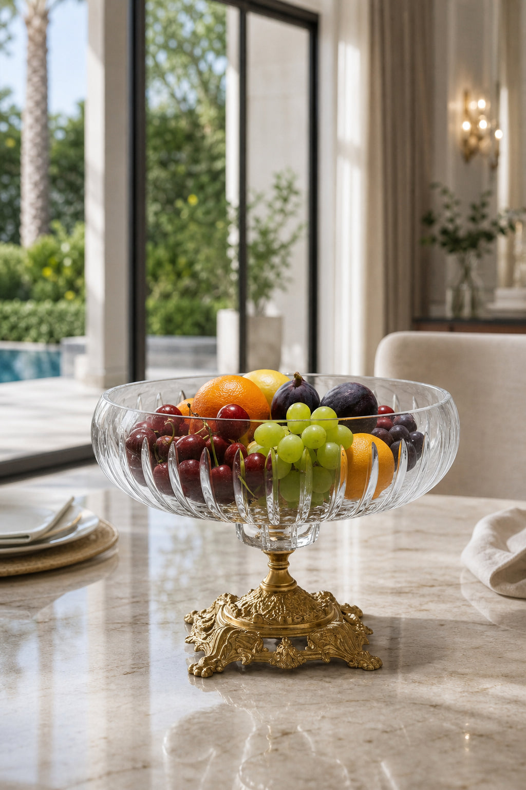 Gold Ayaklı Kesme Kristal Kase 22 cm - Vertical Desen, 1 Adet