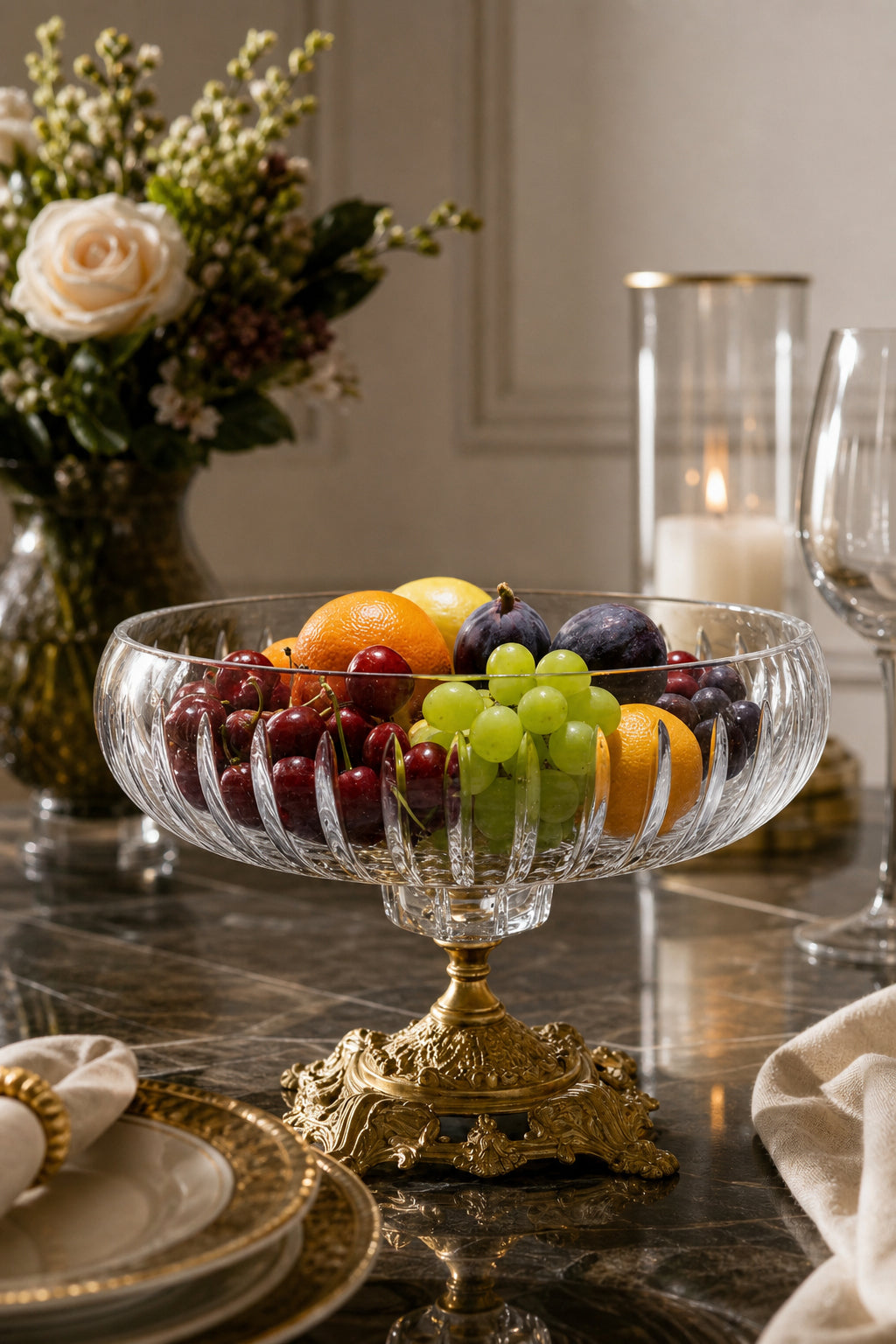 Gold Ayaklı Kesme Kristal Kase 22 cm - Vertical Desen, 1 Adet