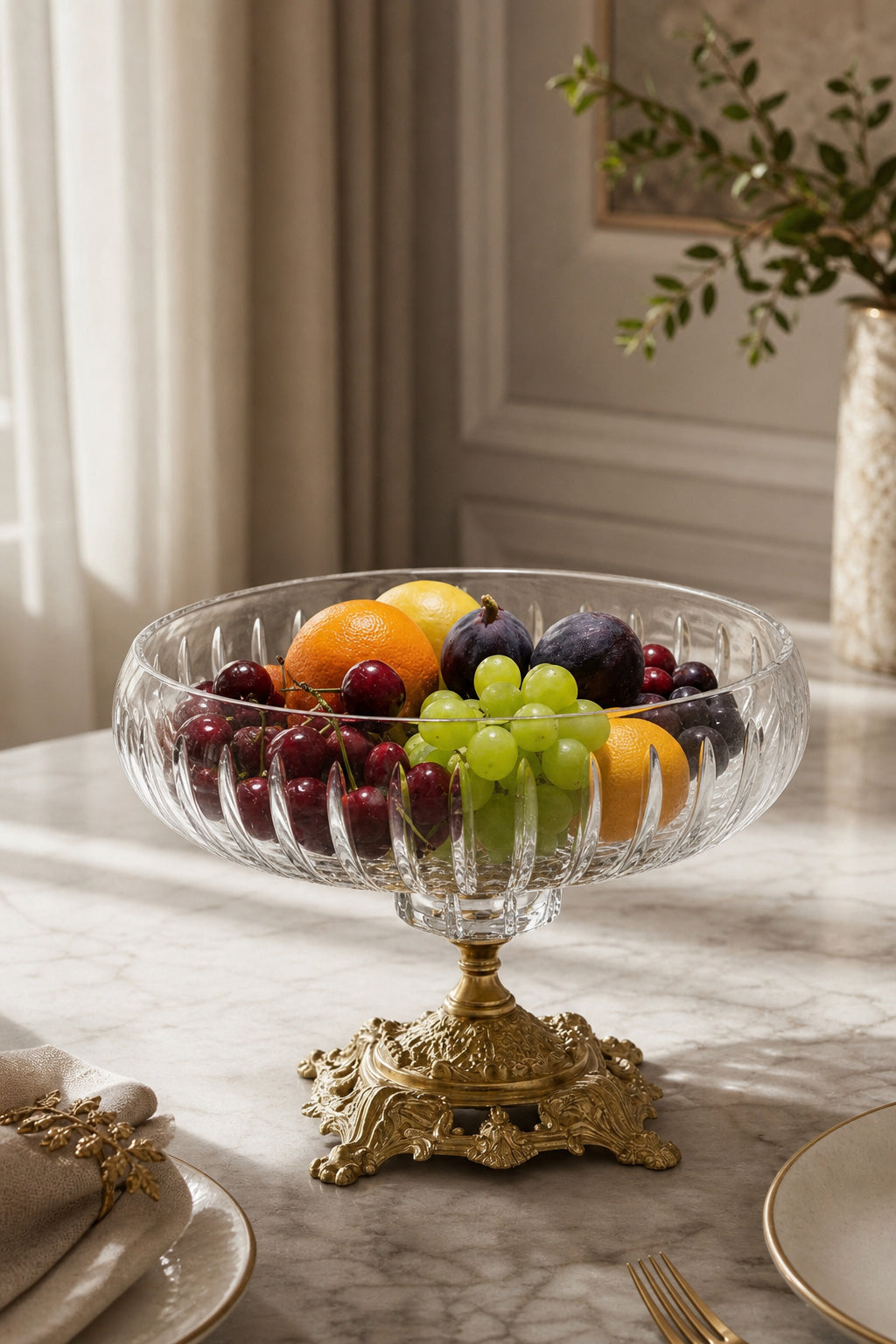 Gold Ayaklı Kesme Kristal Kase 22 cm - Vertical Desen, 1 Adet