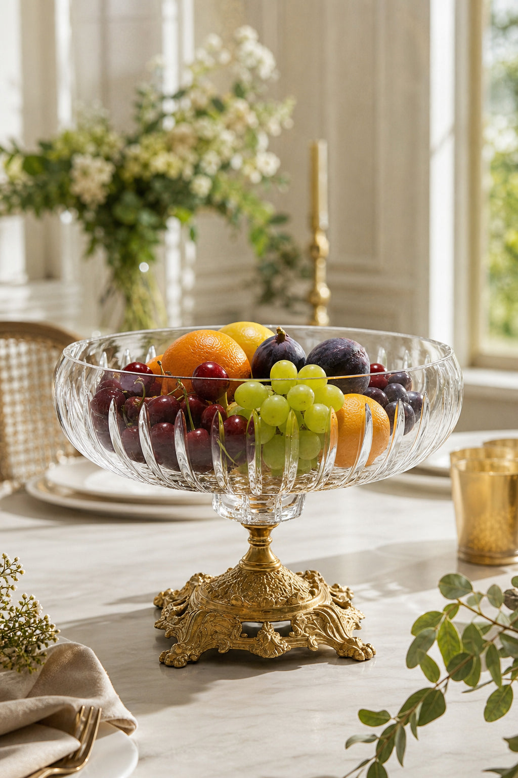 Gold Ayaklı Kesme Kristal Kase 22 cm - Vertical Desen, 1 Adet