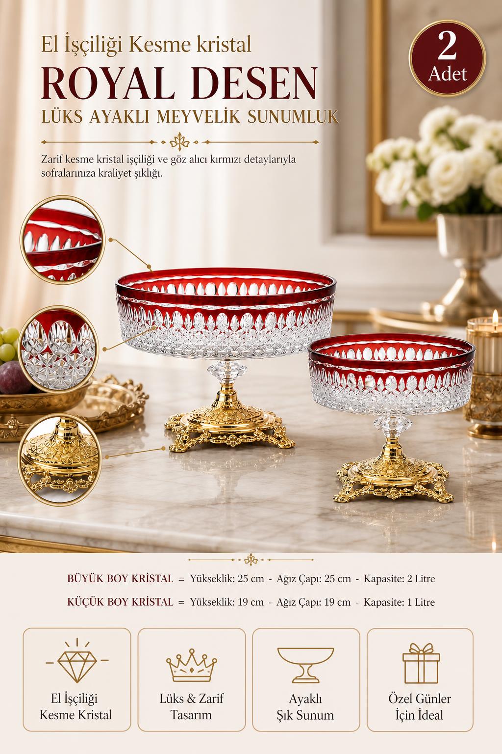 Kesme Kristal Ayaklı Meyvelik 25-19 cm - Royal Desen Lüks Sunumluk, 2 Adet