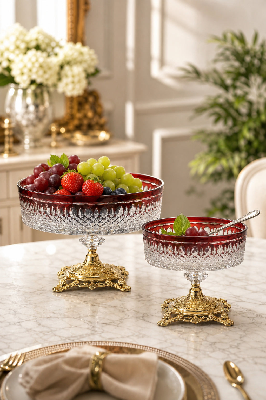 Kesme Kristal Ayaklı Meyvelik 25-19 cm - Royal Desen Lüks Sunumluk, 2 Adet