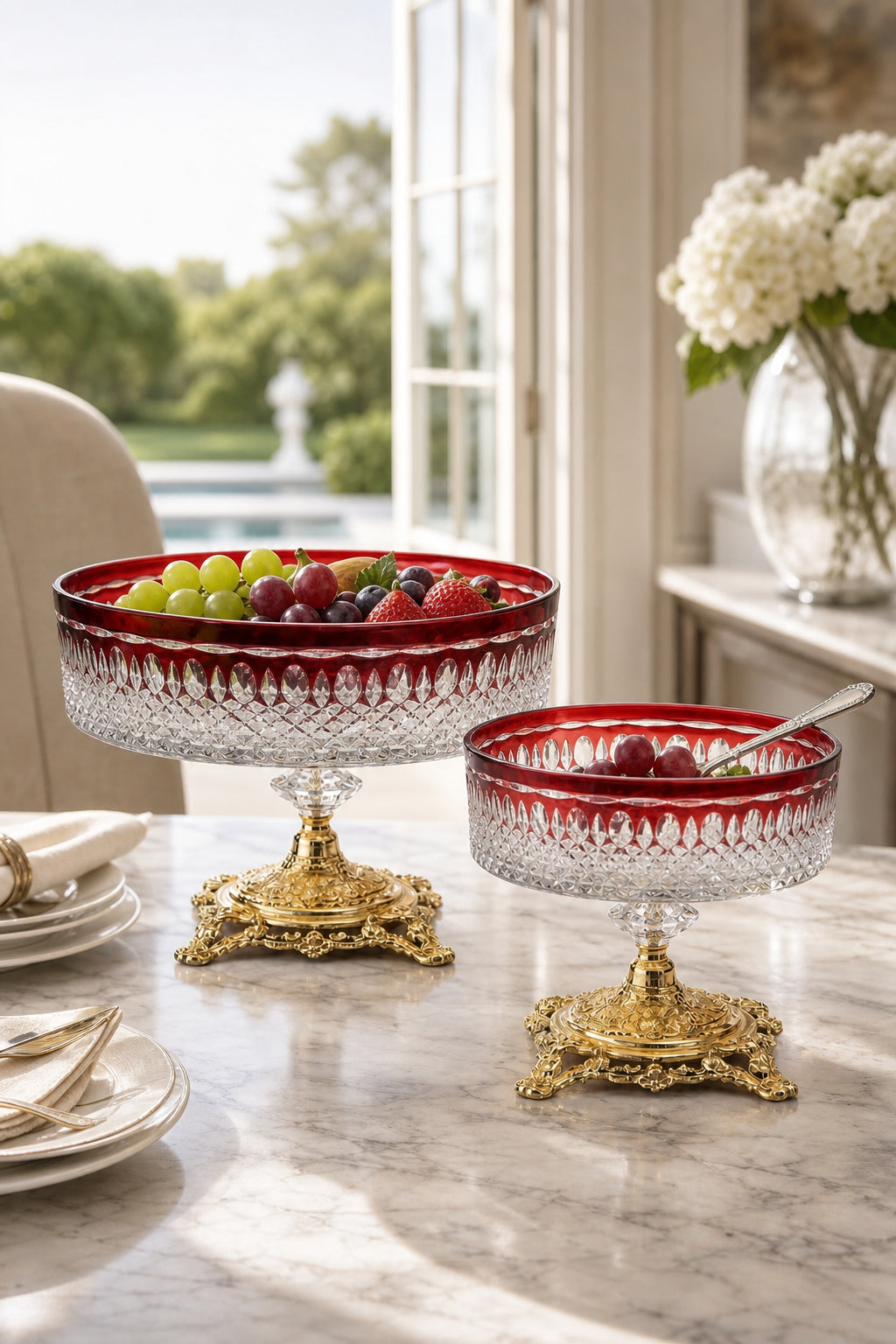 Kesme Kristal Ayaklı Meyvelik 25-19 cm - Royal Desen Lüks Sunumluk, 2 Adet