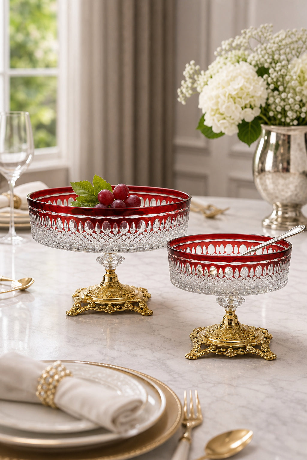 Kesme Kristal Ayaklı Meyvelik 25-19 cm - Royal Desen Lüks Sunumluk, 2 Adet