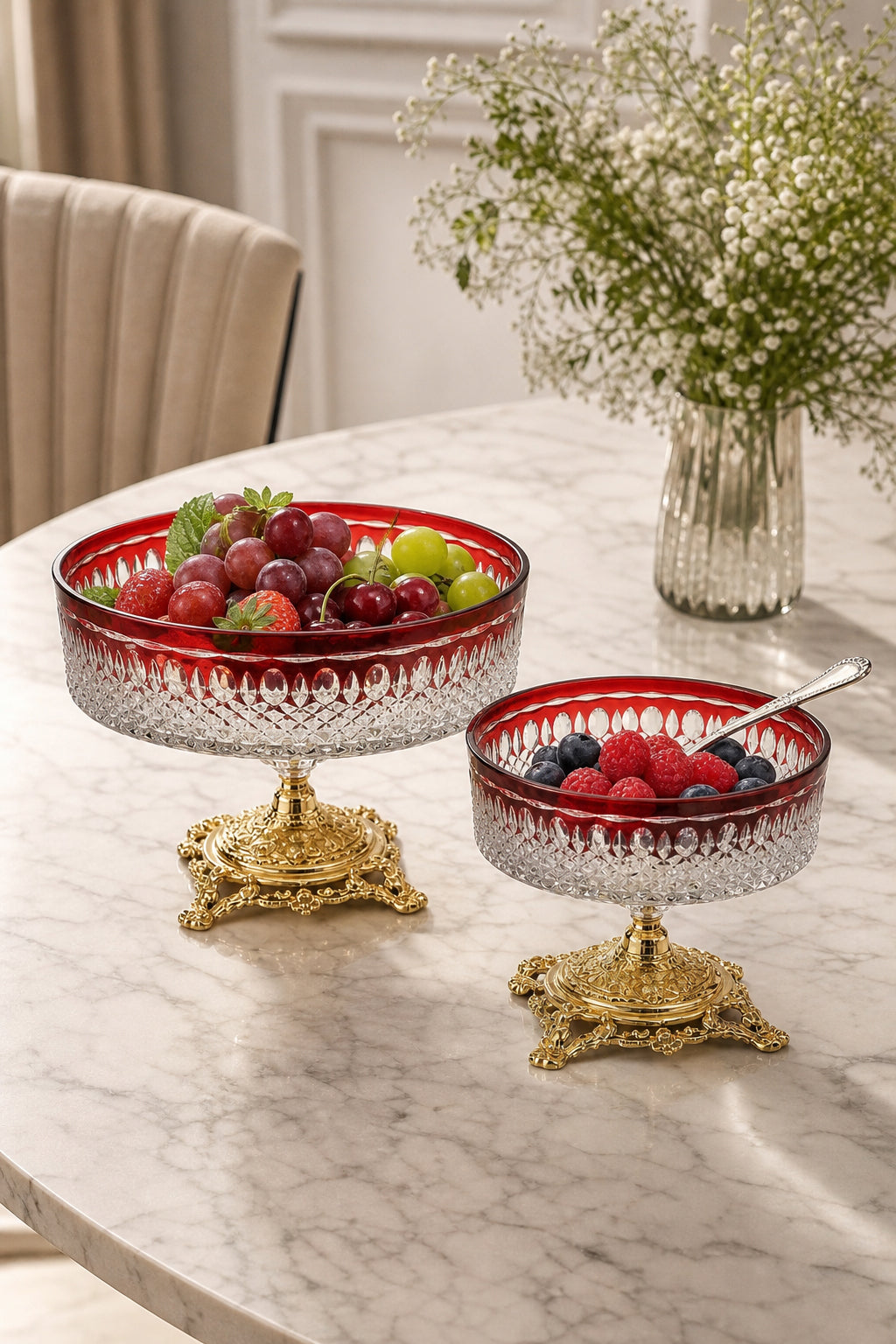 Kesme Kristal Ayaklı Meyvelik 25-19 cm - Royal Desen Lüks Sunumluk, 2 Adet