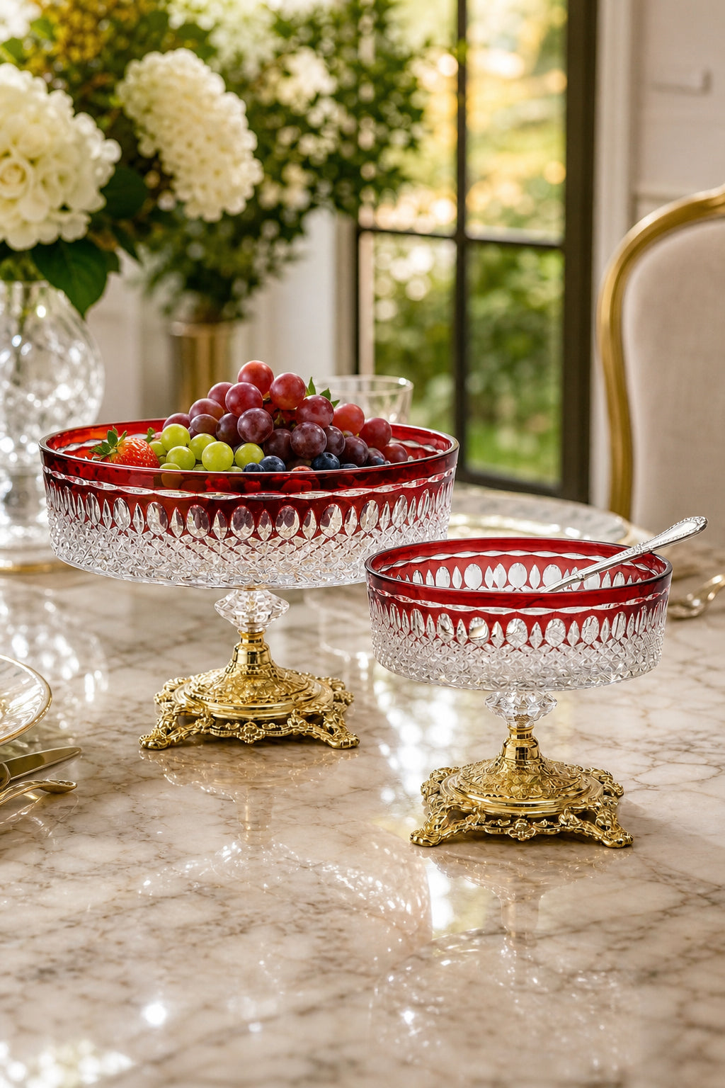 Kesme Kristal Ayaklı Meyvelik 25-19 cm - Royal Desen Lüks Sunumluk, 2 Adet