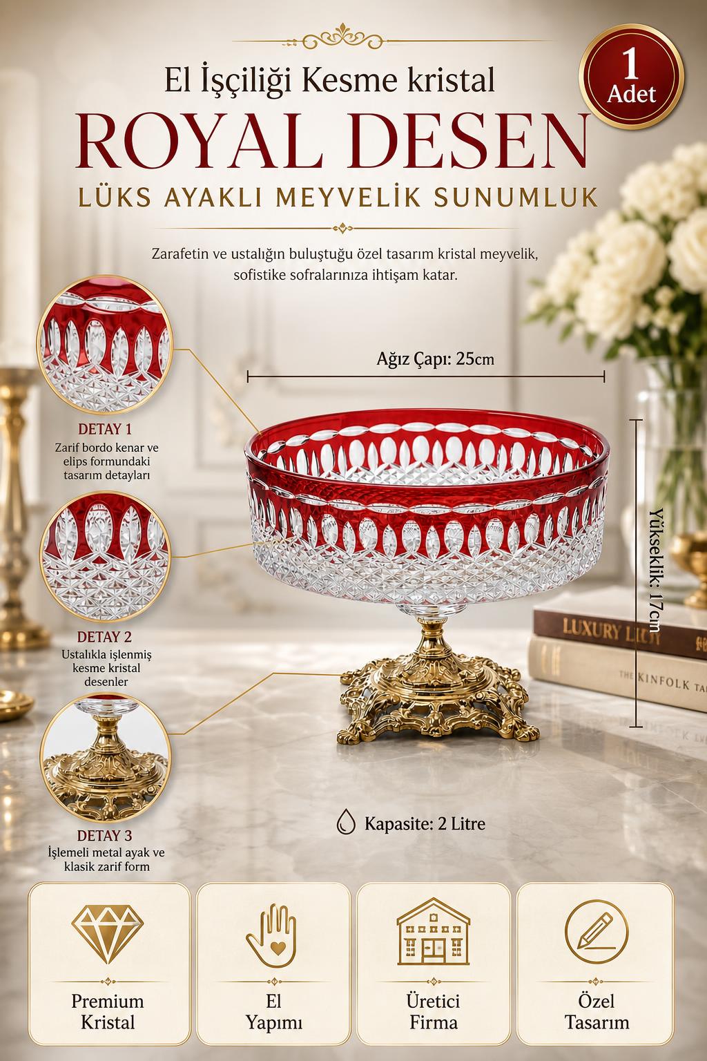 Kesme Kristal Ayaklı Meyvelik - Royal Desen Lüks Sunumluk Kase, 1 Adet