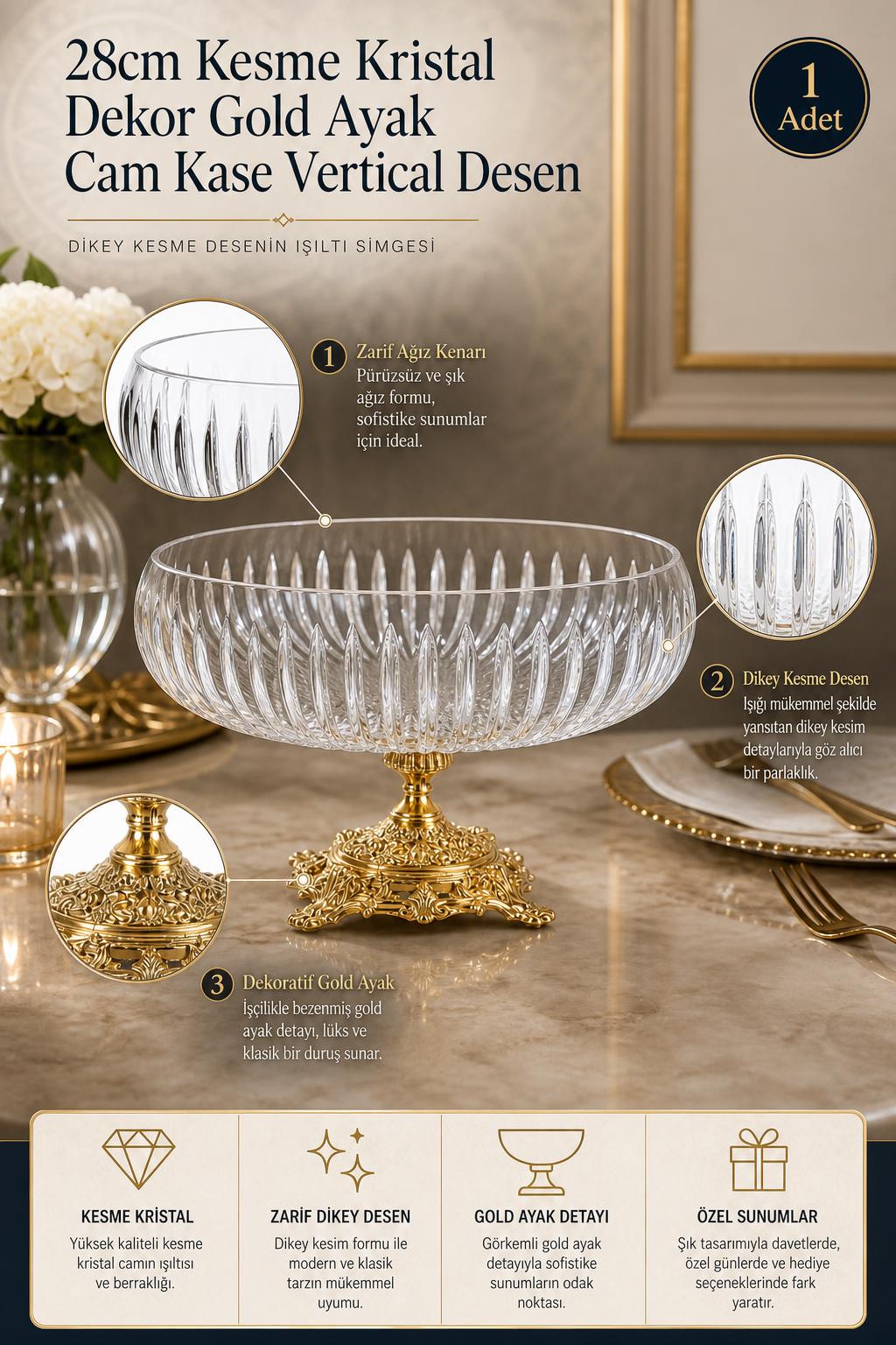 Gold Ayaklı Kesme Kristal Kase 28 cm - Vertical Desen, 1 Adet