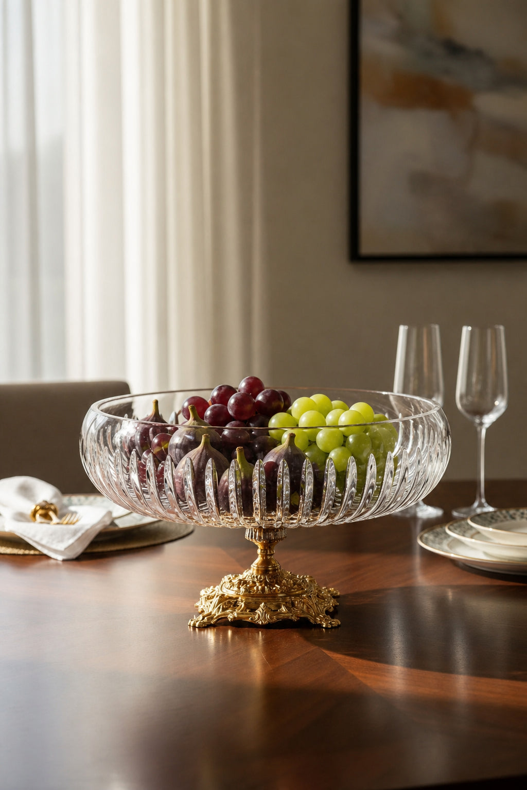 Gold Ayaklı Kesme Kristal Kase 28 cm - Vertical Desen, 1 Adet