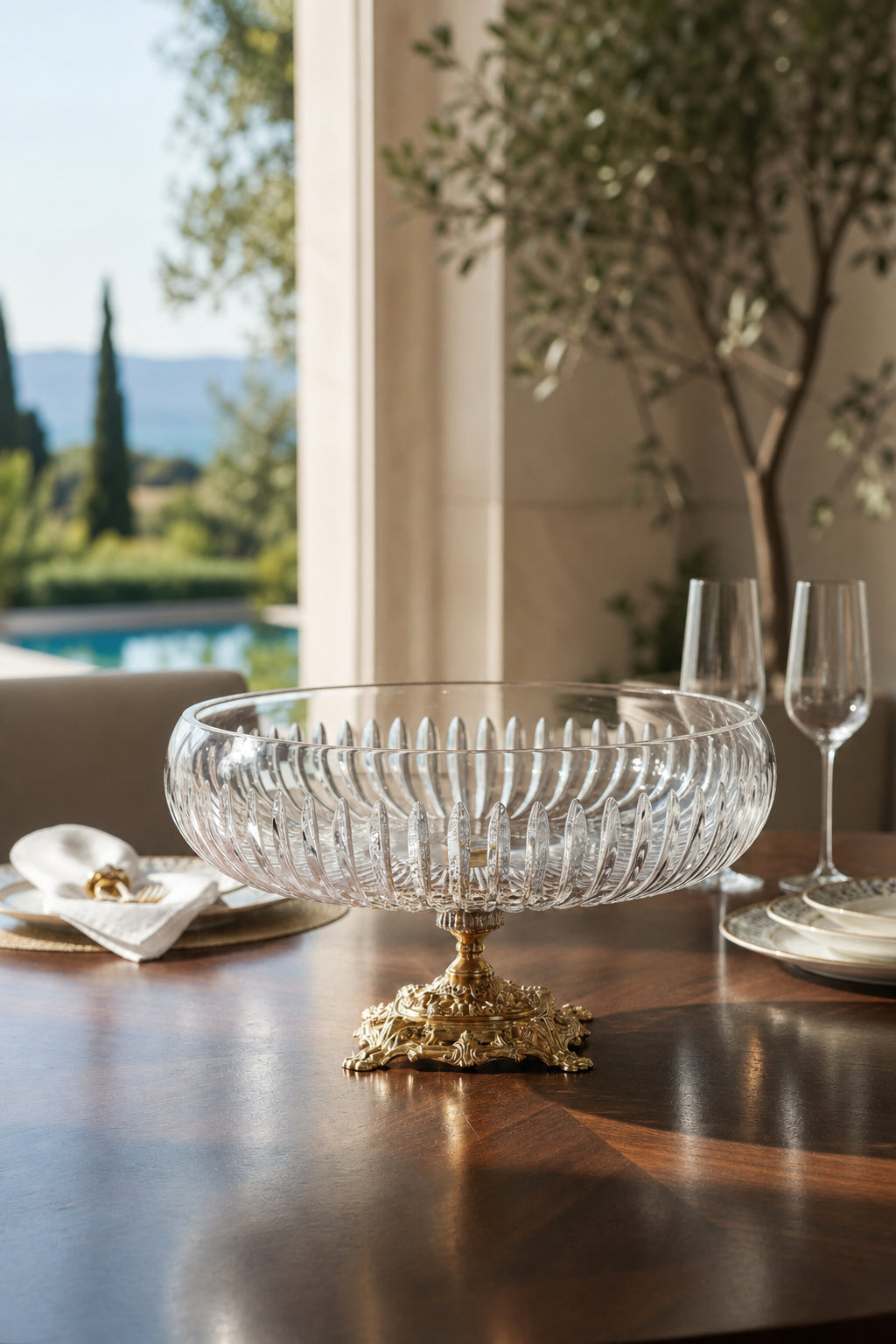 Gold Ayaklı Kesme Kristal Kase 28 cm - Vertical Desen, 1 Adet