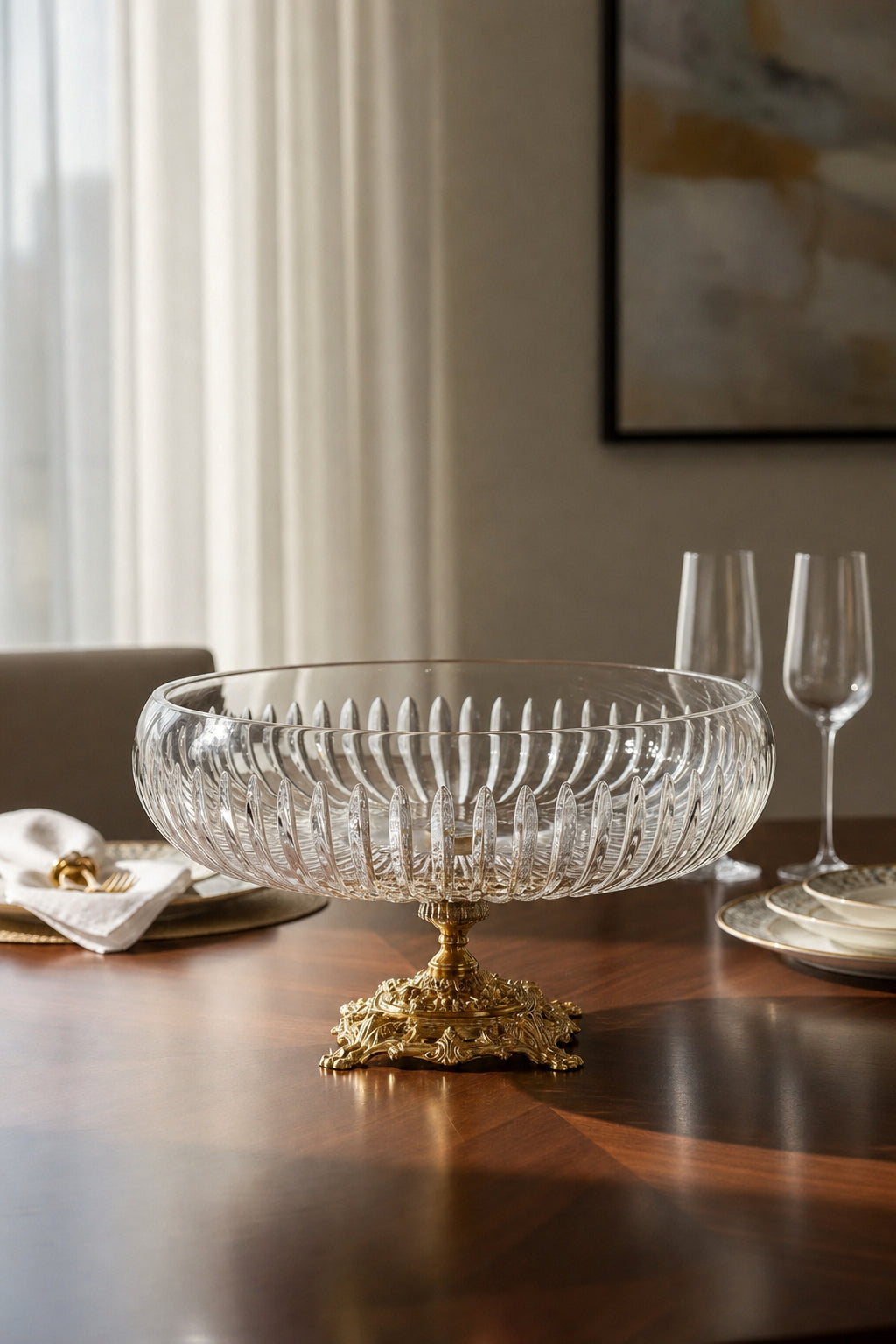 Gold Ayaklı Kesme Kristal Kase 28 cm - Vertical Desen, 1 Adet