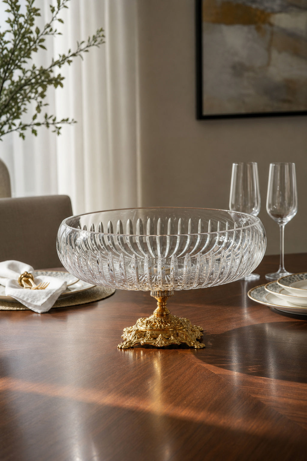 Gold Ayaklı Kesme Kristal Kase 28 cm - Vertical Desen, 1 Adet