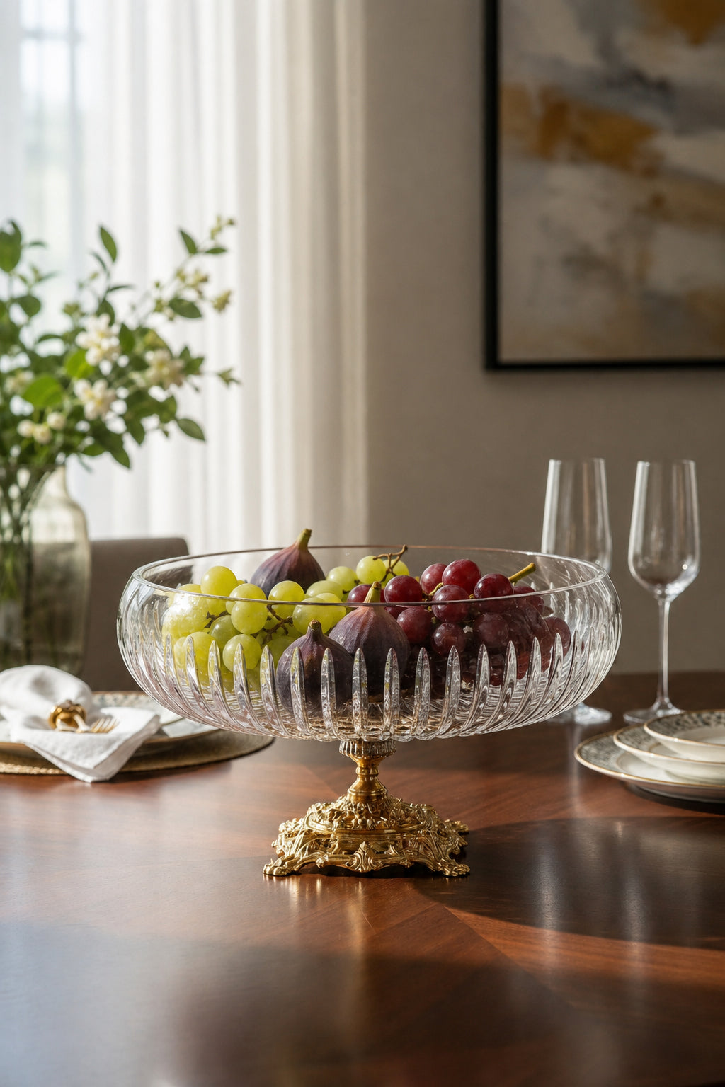 Gold Ayaklı Kesme Kristal Kase 28 cm - Vertical Desen, 1 Adet