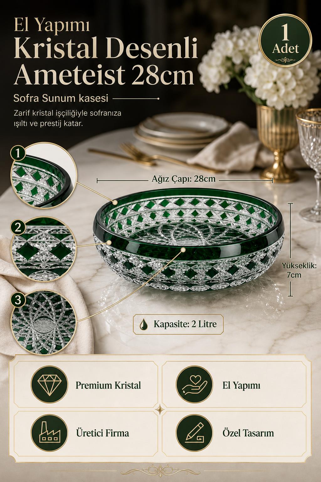 Kristal Sunum Kasesi 28 cm - Ametist Desenli Dekoratif Sofra Kasesi, 1 Adet
