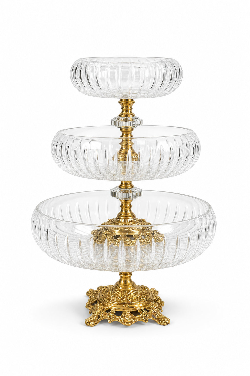 Kristal Ayaklı Sunumluk Kase Seti 3'lü 28-22-16 cm - Vertical Desenli, 3 Adet