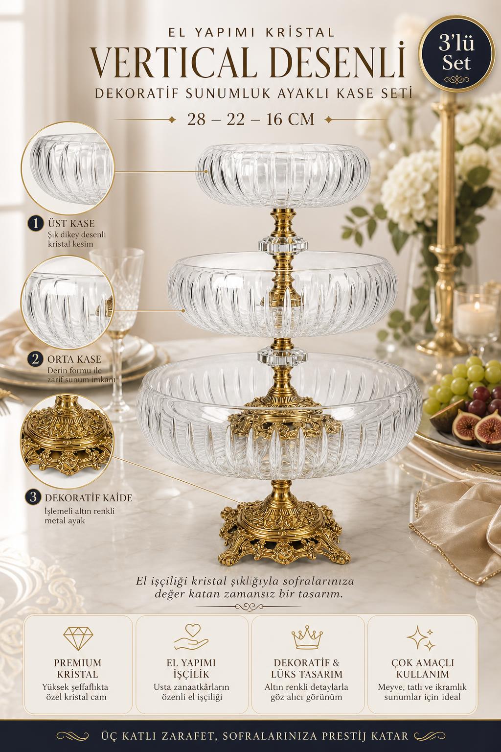 Kristal Ayaklı Sunumluk Kase Seti 3'lü 28-22-16 cm - Vertical Desenli, 3 Adet