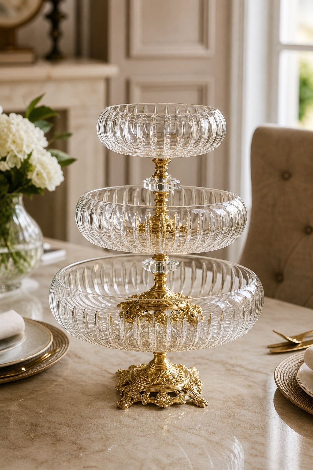 Kristal Ayaklı Sunumluk Kase Seti 3'lü 28-22-16 cm - Vertical Desenli, 3 Adet