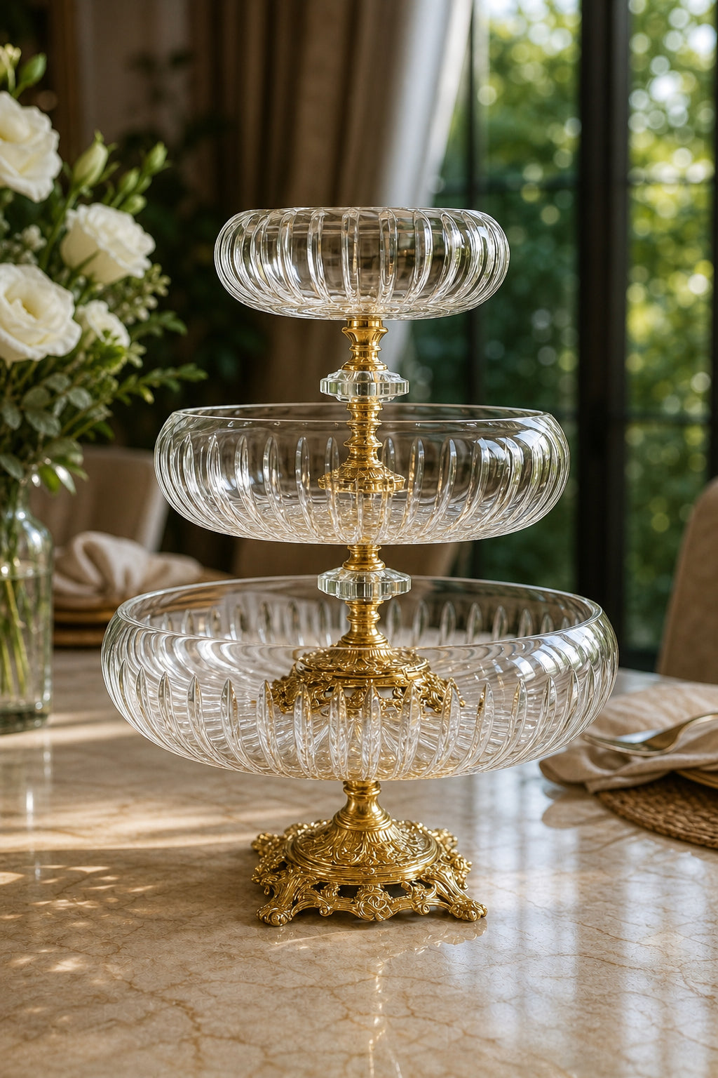 Kristal Ayaklı Sunumluk Kase Seti 3'lü 28-22-16 cm - Vertical Desenli, 3 Adet