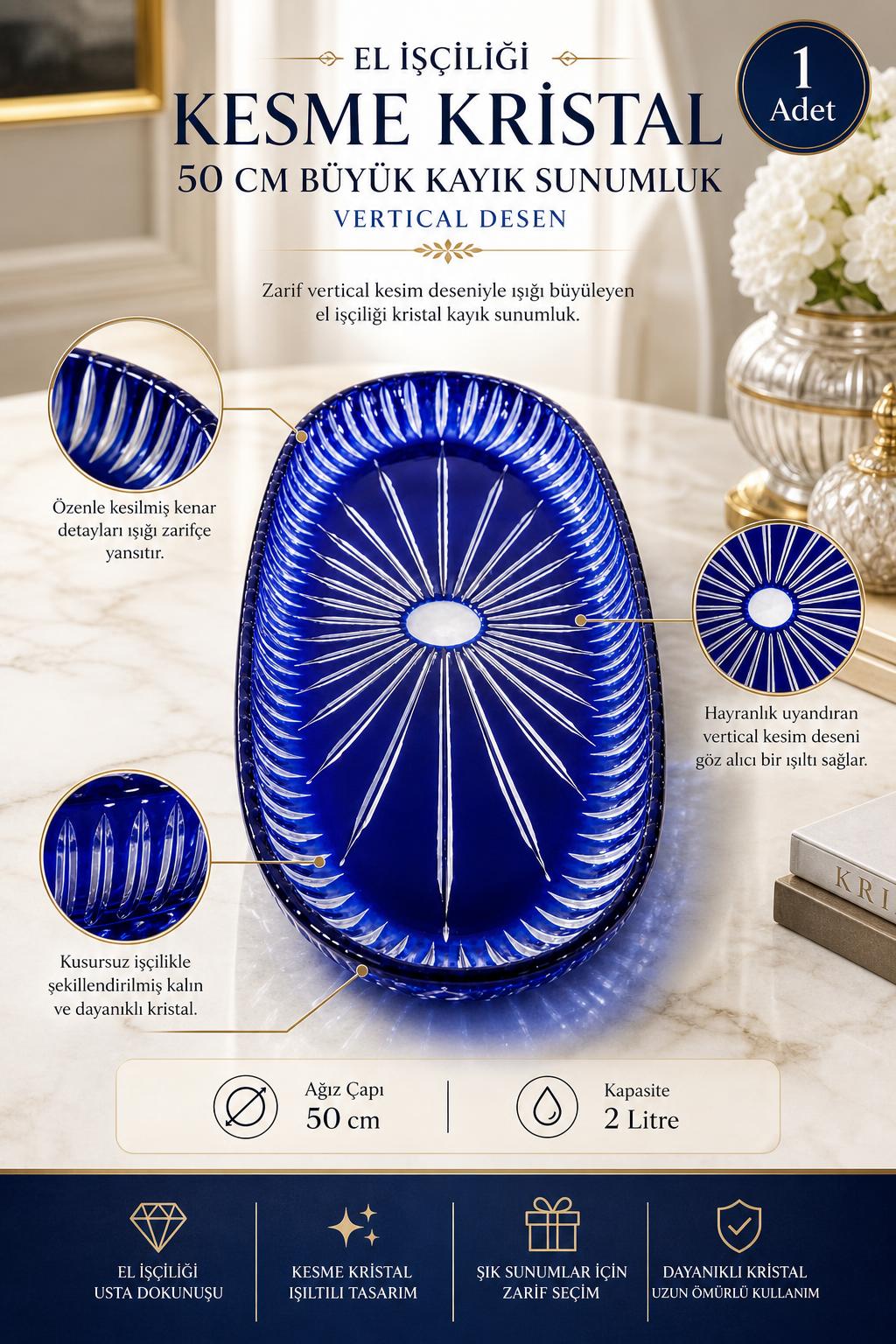 Kesme Kristal Kayık Sunumluk 50 cm - Vertical Desen Büyük Boy, 1 Adet