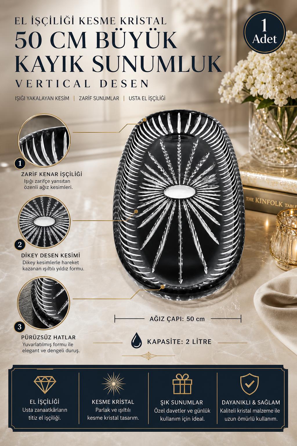 Kesme Kristal Kayık Sunumluk 50 cm - Vertical Desen Büyük Boy, 1 Adet