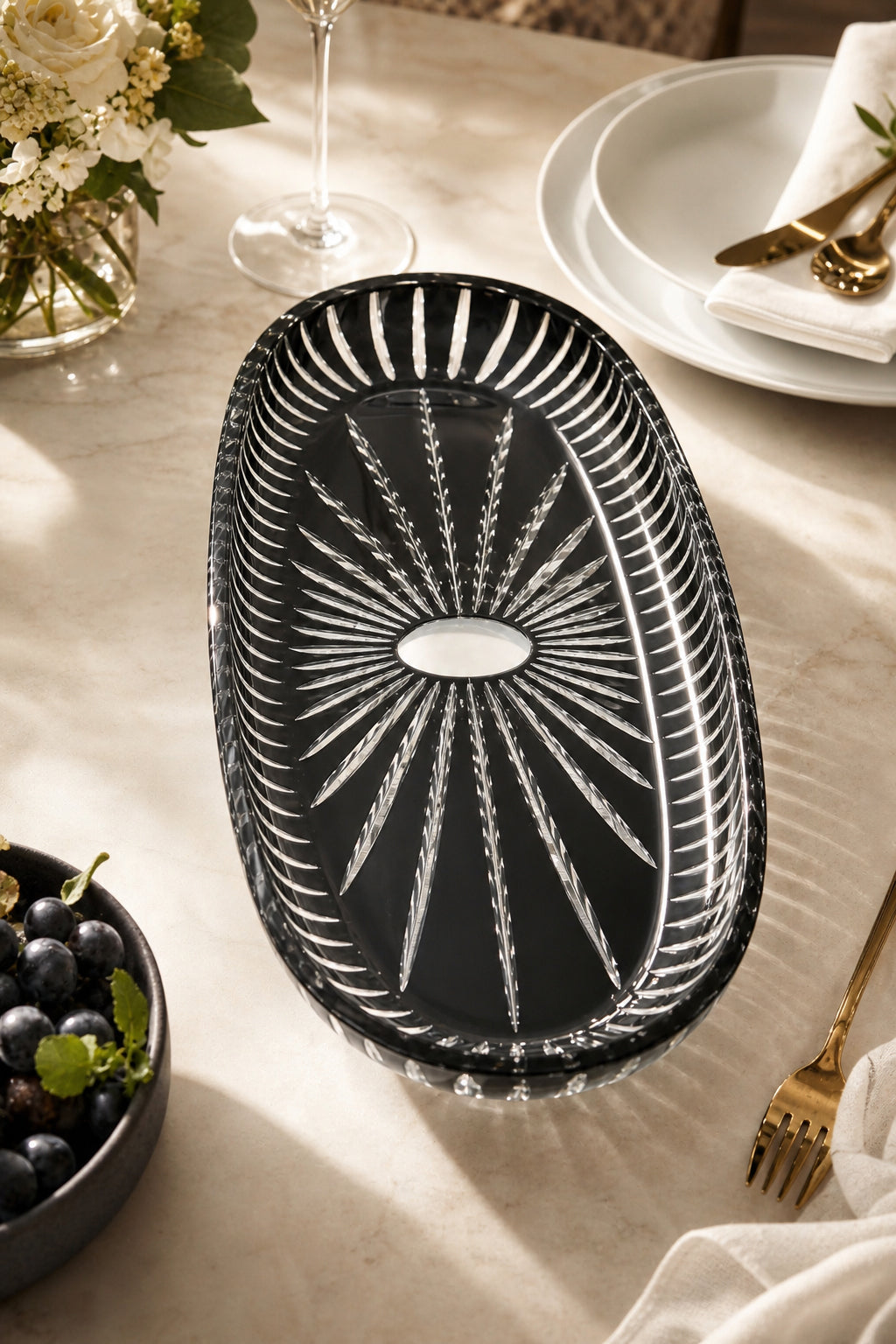 Kesme Kristal Kayık Sunumluk 50 cm - Vertical Desen Büyük Boy, 1 Adet