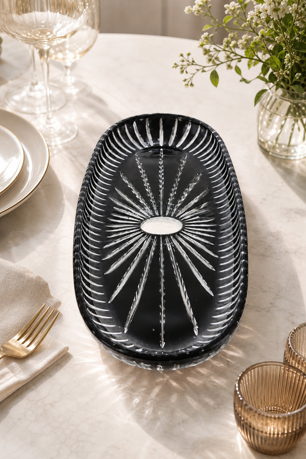 Kesme Kristal Kayık Sunumluk 50 cm - Vertical Desen Büyük Boy, 1 Adet