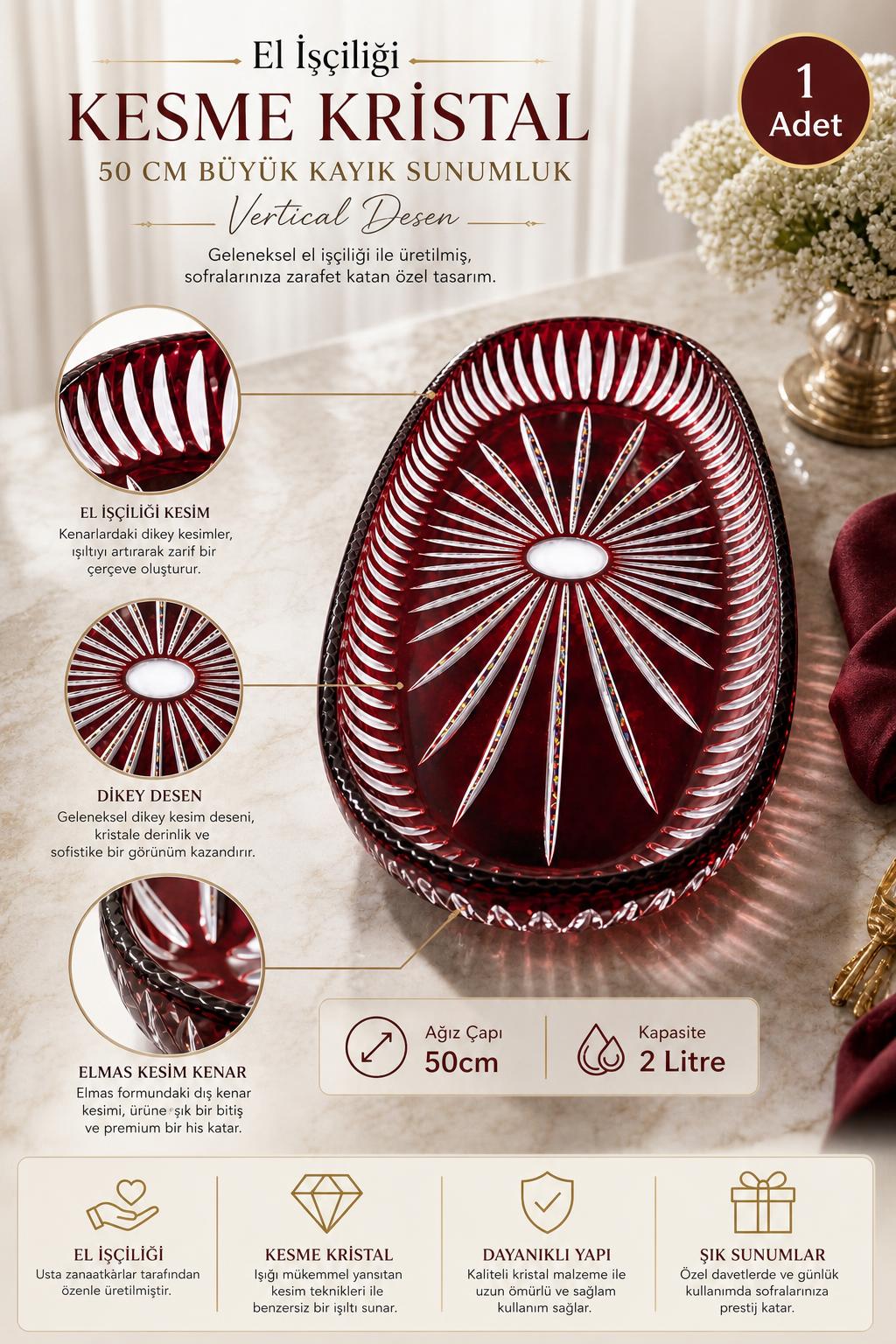 Kesme Kristal Kayık Sunumluk 50 cm - Vertical Desen Büyük Boy, 1 Adet