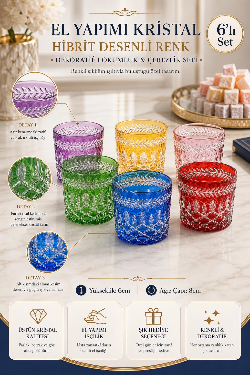 Renkli Kristal Lokumluk Çerezlik 6'lı Set - Hibrit Desenli Dekoratif, 6 Adet